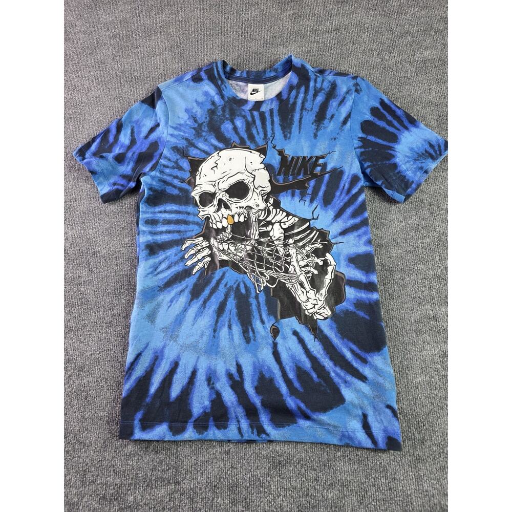 Nike Sportswear Tie Dye Skull Shirt Blue Men’s Size Small Gold Tooth Skeleton